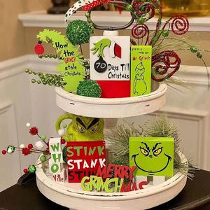Decorative Figurines Table Sign Tiered Tray Decor Farmhouse Christmas Decoration Grinch-ed Center Signs Decorations