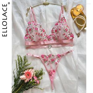 Bras Sets Ellolace Fairy Lingerie Floral Beautiful Underwear Transparent Heart Sensual Thongs Tulle Fancy French Outfit