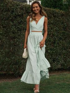 Casual klänningar ärmlös strand boho sommar midi klänning matchning sätter kvinnor grön rygglös snörning sundress vintage fransk stil