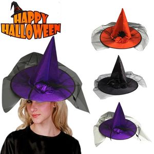 Шляпы с полями для праздника Хэллоуина, шляпа волшебника для вечеринки, специальный дизайн, кепка с тыквой, женская большая рюшами, аксессуар ведьмы315Y
