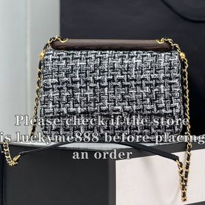 10A Mirror Quality Designer Small Classic Flap Bag 21cm Tweed Quilted Woody Bag Womens Genuine Leather Handbags Crossbody Black Shoulder Strap Chain Box Bags