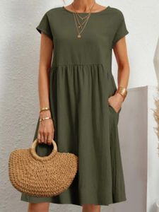 Festklänningar vintage solida kvinnor klär sommaren avslappnad lös kort ärm bomull sundress damer elegant o nacke en linje midi vestidos