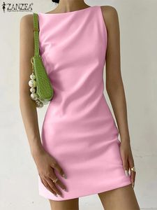 Zanzea Summer Pink Mini Dress Women Korean Fashion Boat Neck Office Lady Dress Sleeveless Slim Midje S Short Robes 240130