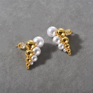 Stud Earrings French INS Beaded Embedding Size Pearl For Women S925 Silver Needle Personalized Unique Fashion Charm Jewelry