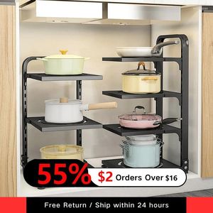 Kitchen Storage Under Sink Organizer Corner Frying Pan Holder Cabinet Rack Adjustable Cookware Stand Accessories