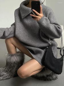 Suéteres femininos 2024 inverno gola alta zíper oversize moda outono malhas solto grosso quente gola alta pullovers sólidos