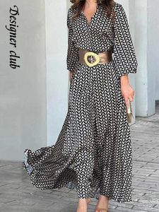 Casual Dresses Elegant Printed Belt Women's Bodycon Maxi Dress Chic Lapel Long Lantern Sleeved Shirt Robe 2024 Summer Lady High Streetwear