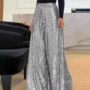 Calças femininas elegantes shinny lantejoulas longo prata moda cintura alta calças soltas primavera outono casual larga legger streetwear pant