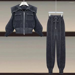 Women's Two Piece Pants 2024 Corduroy Suits Chic Lapel Zipper Tooling Short Jacket Elastic Waist Trousers Korean 2pcs Suit Women Casual Sets