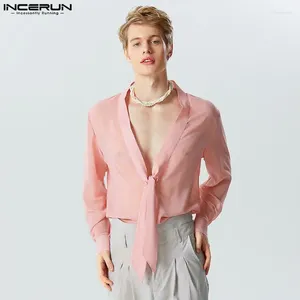 Men's Casual Shirts INCERUN Tops 2024 American Style Men Knot Neck See-through Mesh Party Solid Sexy Long Sleeve Blouse S-5XL