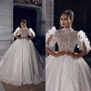 Luxury Ball Gown Wedding Dresses High Collar Long Sleeves Ruffle Bridal Gowns Sequins Appliques Sweep Train Princess Marriage Gowns Custom Made