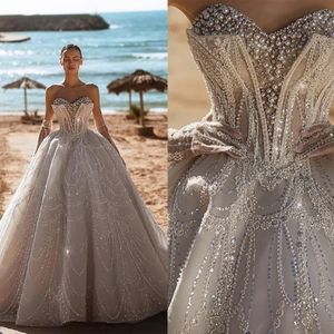 Vintage A Line Women Wedding Dress Strapless Sweetheart Bridal Gowns Without Gloves Pearls Sequins Sweep Train Dress Custom Made vestidos de novia