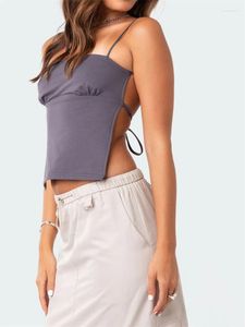 Kvinntankar Chronstyle 2024 Kvinnor Y2K Backless Tank Crop Tops Retro Sexig Tie Up ärmlös Spaghetti -band Camis Summer Mini Vest