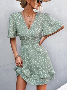 Casual Dresses Sexy V Neck Mini Dress For Women Fashion Floral Slim Short Female Lotus Leaf Sleeve Elegant Summer Vestido Mujer