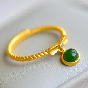 Cluster Rings Grade A Green Jade Pendant Ring 925 Sterling Silver Nephrite Hetian Jades Drop Tassel Golden Adjustable Women