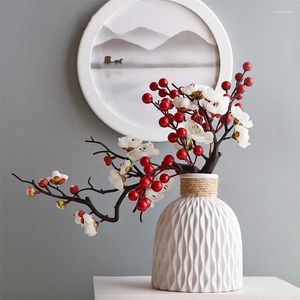 Decorative Flowers Cherry Red Plum Blossom Silk Artificial Plastic Branch For Wedding DIY Decoration Foam Christmas Berry Fake