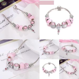 Charm Bracelets Pan Home Diy Bracelet Pink Series Love Key Pendant Spiral Accessories Glass Beads Drop Delivery Otj7K
