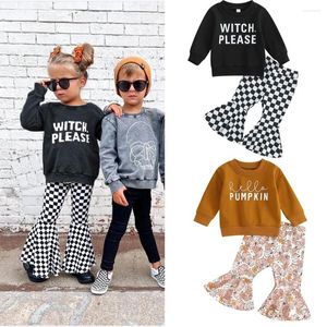 Conjuntos de roupas da criança crianças meninas halloween outfits carta impressão tripulação pescoço manga longa camisolas checkerboard flare calças roupas