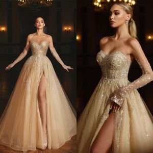 Evening Glitter Sequins Strapless Prom Gowns Side Split Princess Appliques Custom Made Formal Party Dresses Plus Size