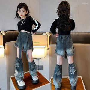 Kleidungssets Mode Mädchen Jeans Design Zwei Schnitt Split Hosen Denim Band Quasten Shorts Sterne Anzug 3 5 7 9 11 13 15 Jahre