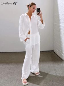 Women's Two Piece Pants Mnealways18 White Street Style Cotton Linen Suits Women Casual 2-Pieces Sets Lapel Shirts And Wide Legs Office