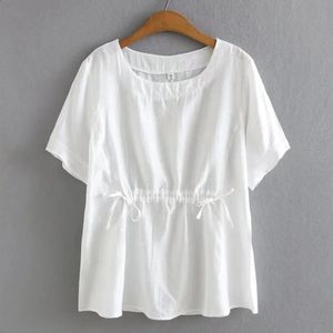 Plus Size Blouses Women Summer Sweet Cotton O-Neck Simple Solid Color Short Sleeve Tops Oversized Curve Clothes 240202