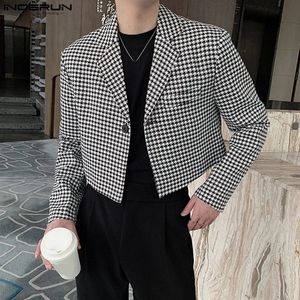 INCERUN Tops Korean Style Handsome Mens Plaid Design Suit Casual Party Shows Male Well Fitting Shortstyle Blazer S5XL 240124