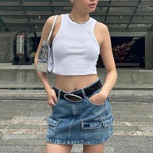 Skirts HOUZHOU Vintage Multi Pocket Mini Denim Skirt Women Y2K Streetwear High Waist Casual Fashion 2024 Summer Slim Pencil Sexy