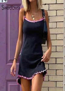 Sweetown Schwarzes Y2K-Ästhetisches Minikleid für Damen, Babyrosa, Spitzenbesatz, süße Kawaii, figurbetonte Kleider, ärmellos, sexy E-Girl-Kleidung p08096020908