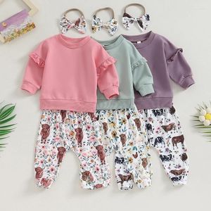 Kleidungssets 2024-08-07 Lioraitiin 0-3T Baby Mädchen Herbst Outfits Rüschen Langarm Sweatshirt Kuh Print Hosen Stirnband Set Kleinkind Kleidung