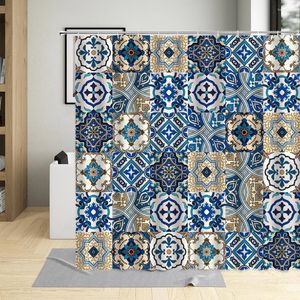 Duschgardiner Indien Bohemian Curtain Marockan Brick Texture Vintage Ethnic Geometric Mönster Badtub Decoration Set