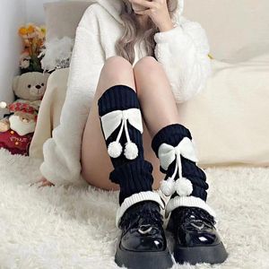 Women Socks Harajuku Y2k Girls Cute Bow Plush Ball Leg Warmers Japanese Lolita Kawaii Sweet JK Pink Ruffles Knitted Warm Cover