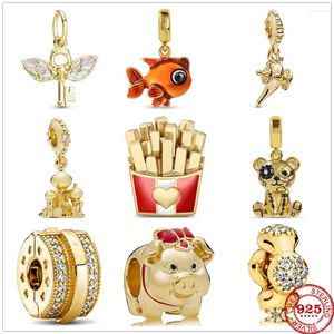 Lösa ädelstenar 925 Sterling Silver Gold Pig Fish Bear Charm Fit Original Pendant Armband som gör DIY -modesmycken för kvinnor