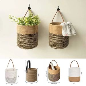 Kitchen Storage Basket with Handle Hand Woven Hanging Baskets Wall Wicker Plant Flower Pot Home Garden Decor 240125