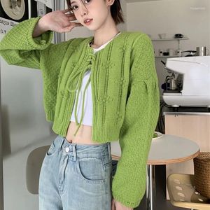 Women's Knits Vintage O-Neck Knitted Sweaters Woman Y2K Autumn Short Lace-Up Long Sleeve Cardigan Women 2024 All-Match Loose Knitwear Coats