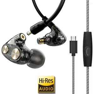 Auricolari USB-C da studio ad alta risoluzione con microfono Tecnologia ibrida audiofila Cavo staccabile ad alta risoluzione Tipo C Connettore HIFI