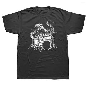 Мужские футболки Осьминог, играющий на барабанах, барабанщик, барабанщик, музыкант, группа, графическая уличная одежда, с коротким рукавом, подарки на день рождения, летняя футболка