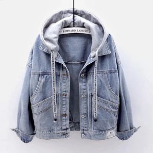 Autumn Winter Womens Fashionable Hooded Denim Jacket Short Pocket Casual Hoodies Jean Coat 240201