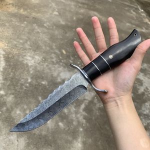 Top Quality High End Damascus Straight Knife 9Cr18Mov Straight Point Blade Ebony Handle Fixed Blade Knives with Leather Sheath