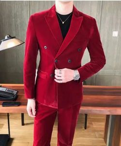 Wine Red Suits Mens Velvet Luxury Suits Groom Wedding Velour Suits Gentlemen Dress 2 pcs Flannel Green Burgundy 240123