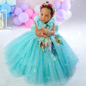 Sparkling Mint Flower Girl Dresses Sheer Neck Hand Made Flowers Tiered Tulle Ball Gowns Flowergirl Dress Bow Decorated Birthday Party Dress Gowns for Kids NF075