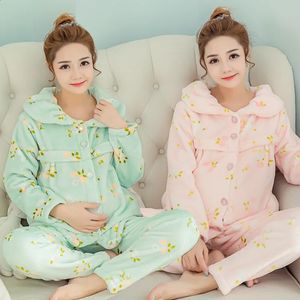 Outono inverno engrossado flanela grávida pijamas coral veludo alimentação roupas maternidade amamentação casa roupas 240119