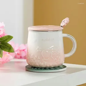 Canecas Coelho Copo Ano 2024 Cerâmica Caneca Chá Água com Tampa Colher Menina Cherry Blossoms Leite