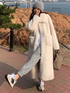 Women's Fur Syiwidii 2024ウィンターコート女性ロングジャケット特大のテディジャケットターンダウンカラー韓国ファッションルーズエレガントなアウター