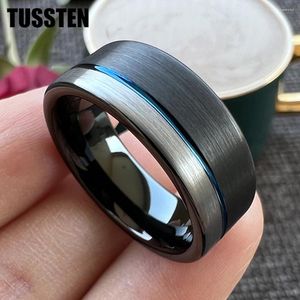 Wedding Rings Drop TUSSTEN 8MM Black Blue Band Men Women Tungsten Carbide Ring Offset Grooved Brushed Comfort Fit