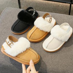 Sıkıcı Elastik Bant Kürk Terlik Çocuk Kız Marka Tasarımı Kış Peluş Sandalar Lüks Slip-On Platform Mule Slayt Çocuk Sıcak Ev Ayakkabı