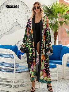 Mulheres Swimwear Tropical Imprimir Beach Cover Ups Vestidos Longos 2024 Mulheres Kimono Robe Verão Beachwear Roupas Cardigan