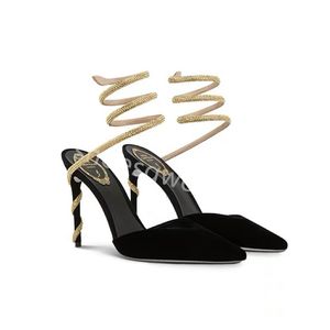 Rene Caovilla Margot Rhinestone Strap Velvet Sandals Pumps Snake Strass Stiletto Heels Women's High Heeled Luxury Designers Ankel Wraparound Evening Shoes With Box