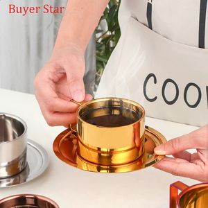 200 ml Guld kaffekoppfat Ställ in rostfritt stål muggte med bricka metallvattenmjölkkoppar café parti dryck kök verktyg 240129