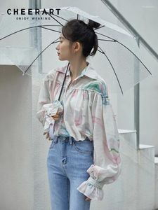 Women's Blouses CHEERART Lantern Sleeve Floral Button Up Oversized Shirt For Women Stringy Long Top And Blouse Spring Clothes 2024